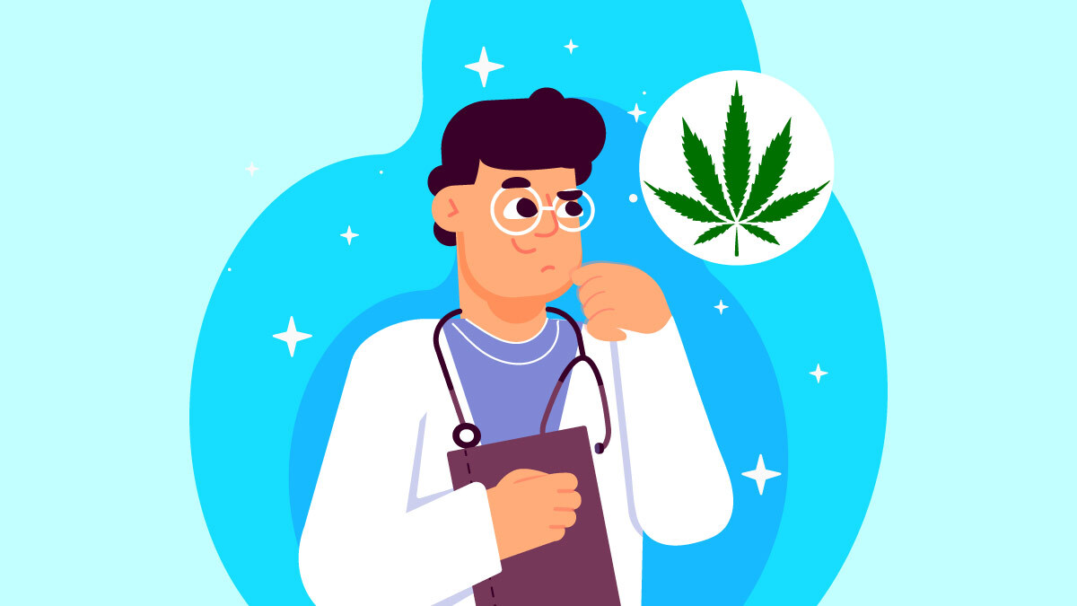 Illustration of a scientist and hemp leaf