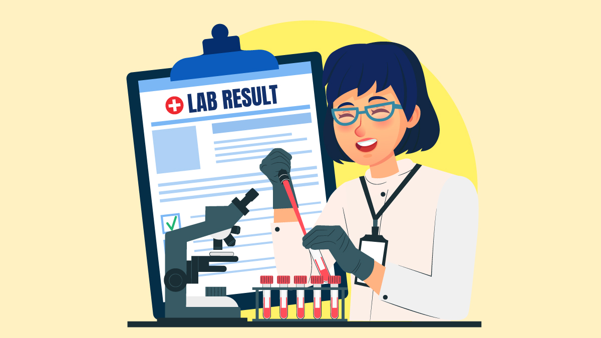 Illustration of a scientist testing CBD oil and a lab result