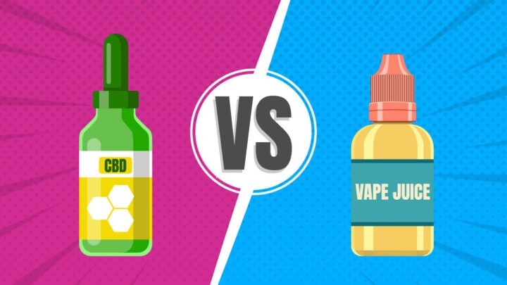 Illustration of CBD oil bottle and vape juice bottle