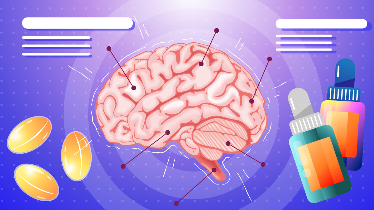 Illustration of a brain with CBD products next to it.