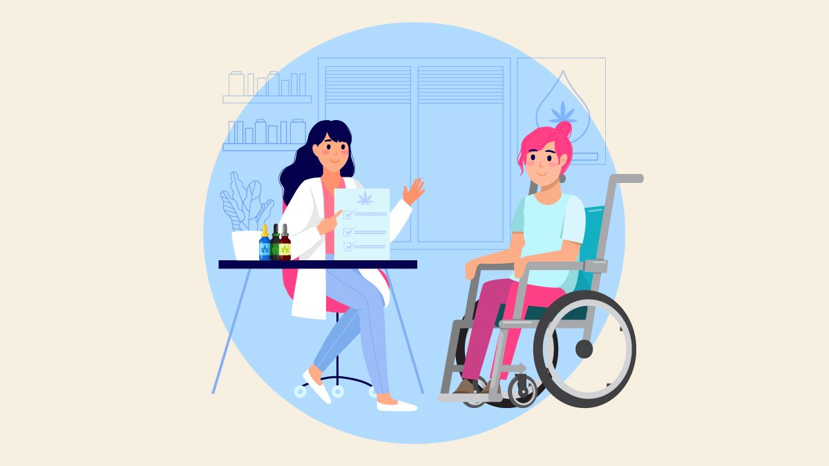 an illustration of a doctor consulting a patient with cerebral palsy sitting on a wheel chair