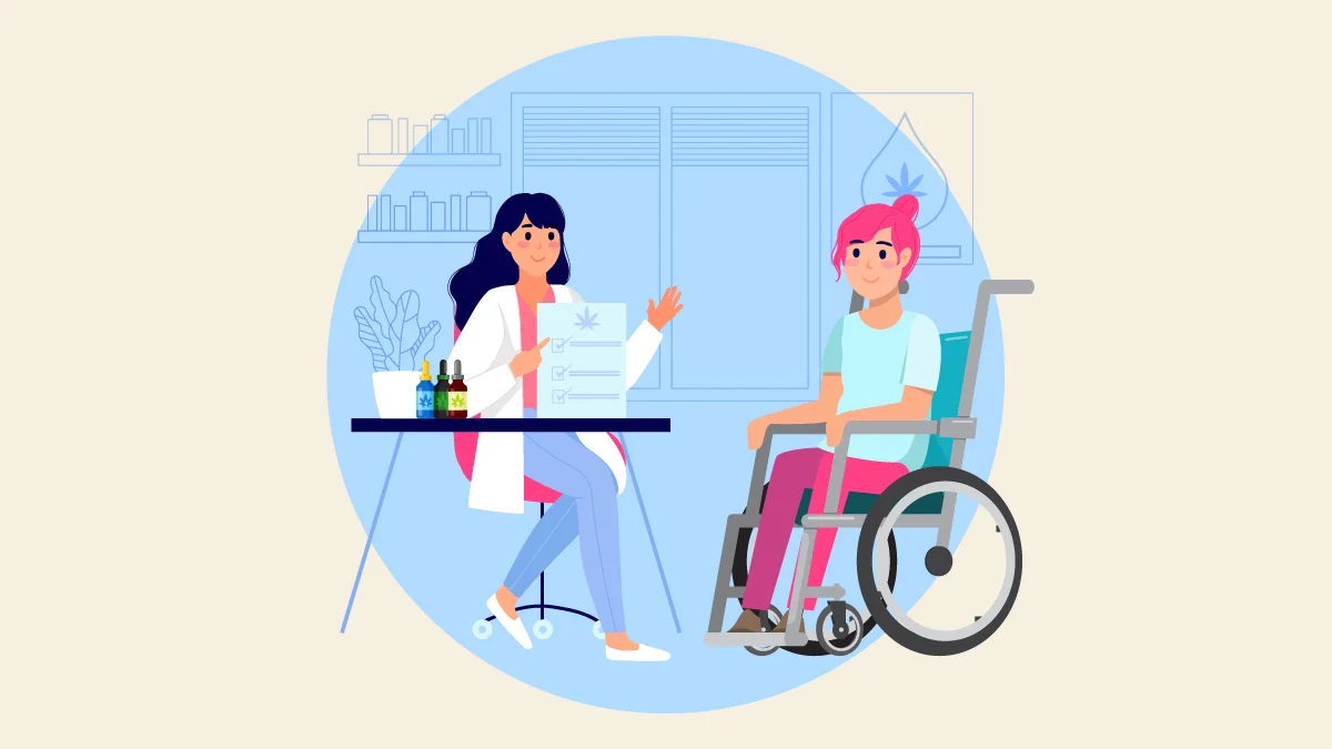 an illustration of a doctor consulting a patient with cerebral palsy sitting on a wheel chair