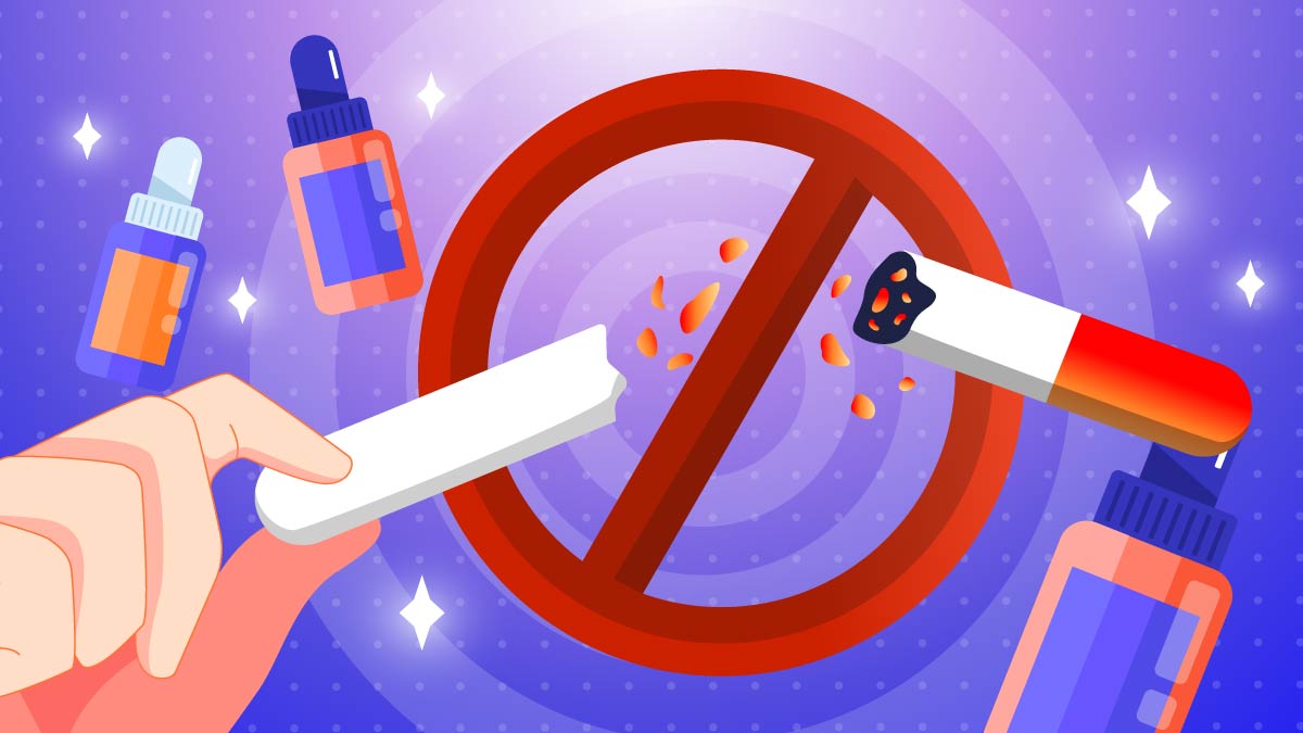 an illustration of breaking a cigarette stick with CBD bottles in the background
