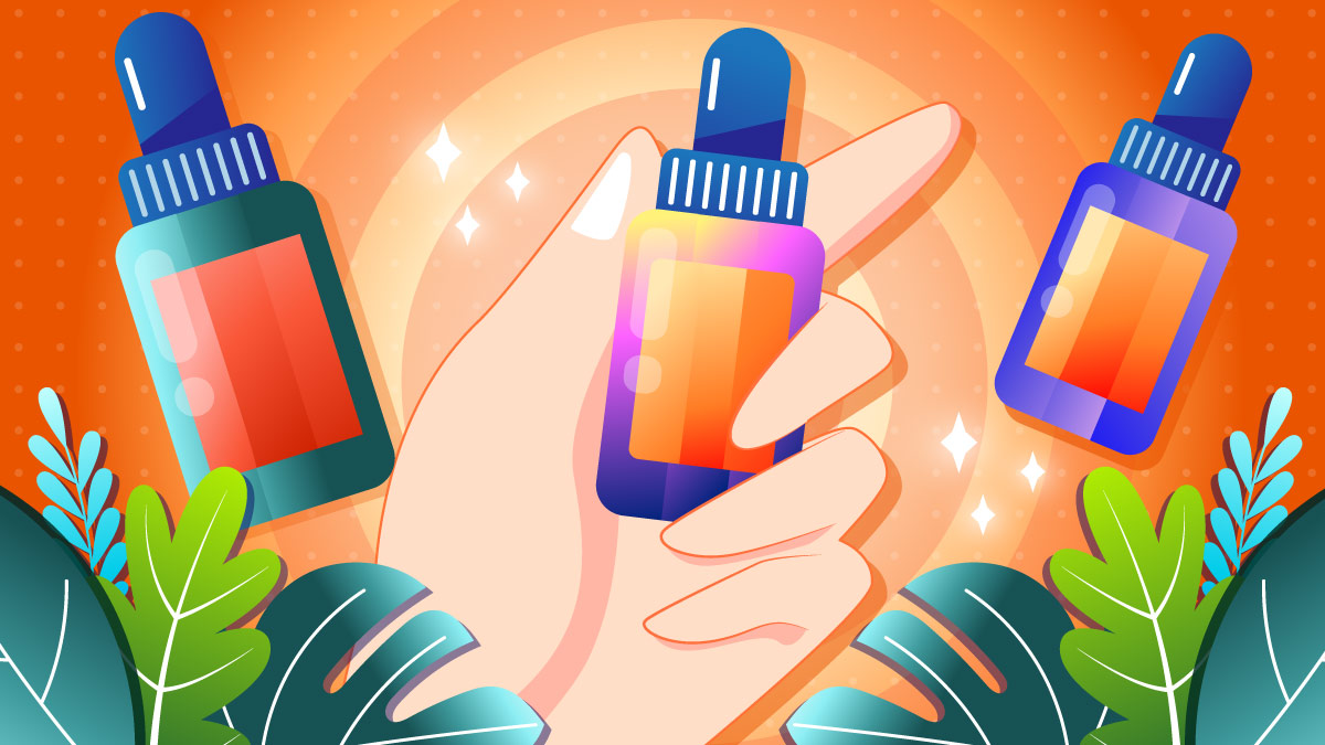 Illustration of a hand holding a CBD Oil bottle which has a different color than the others.