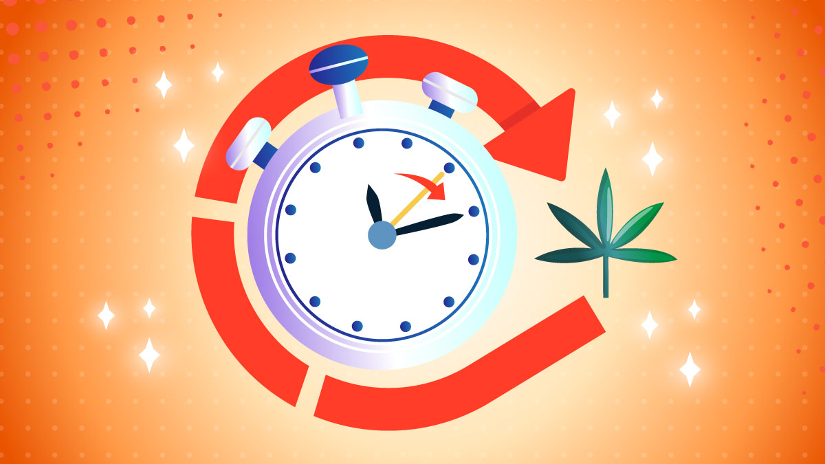 Illustration of a clock with a cannabis leaf next to it.