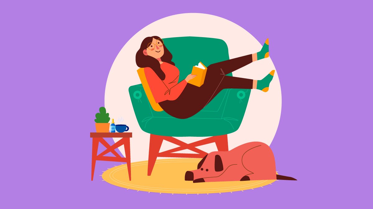 an illustration of a woman sitting on a chair feeling the effect of CBD oil as a muscle relaxant