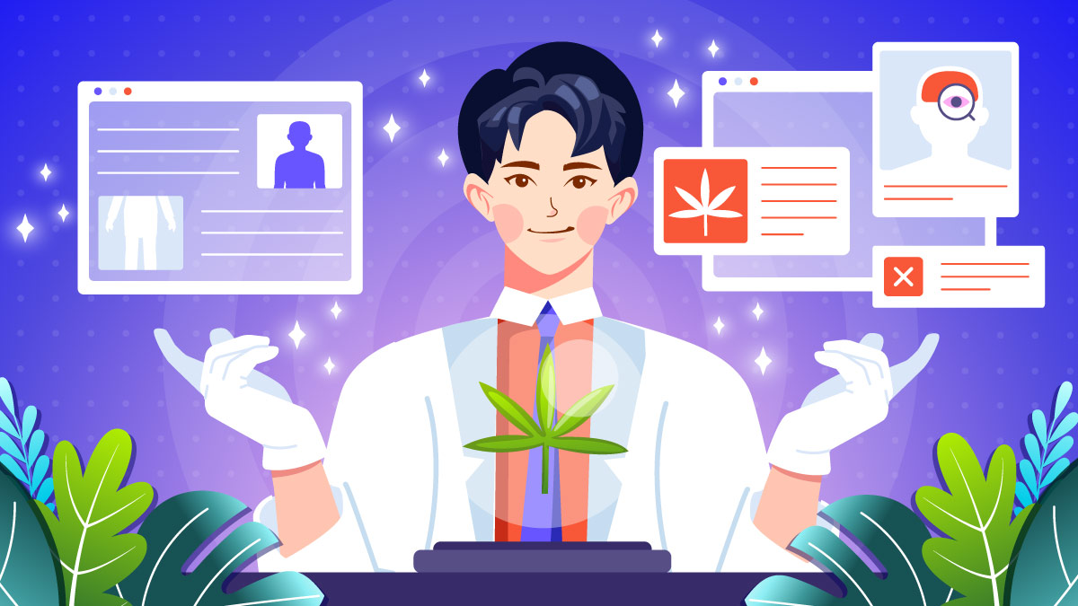 Illustration of a doctor showing info about CBD being addictive or not.