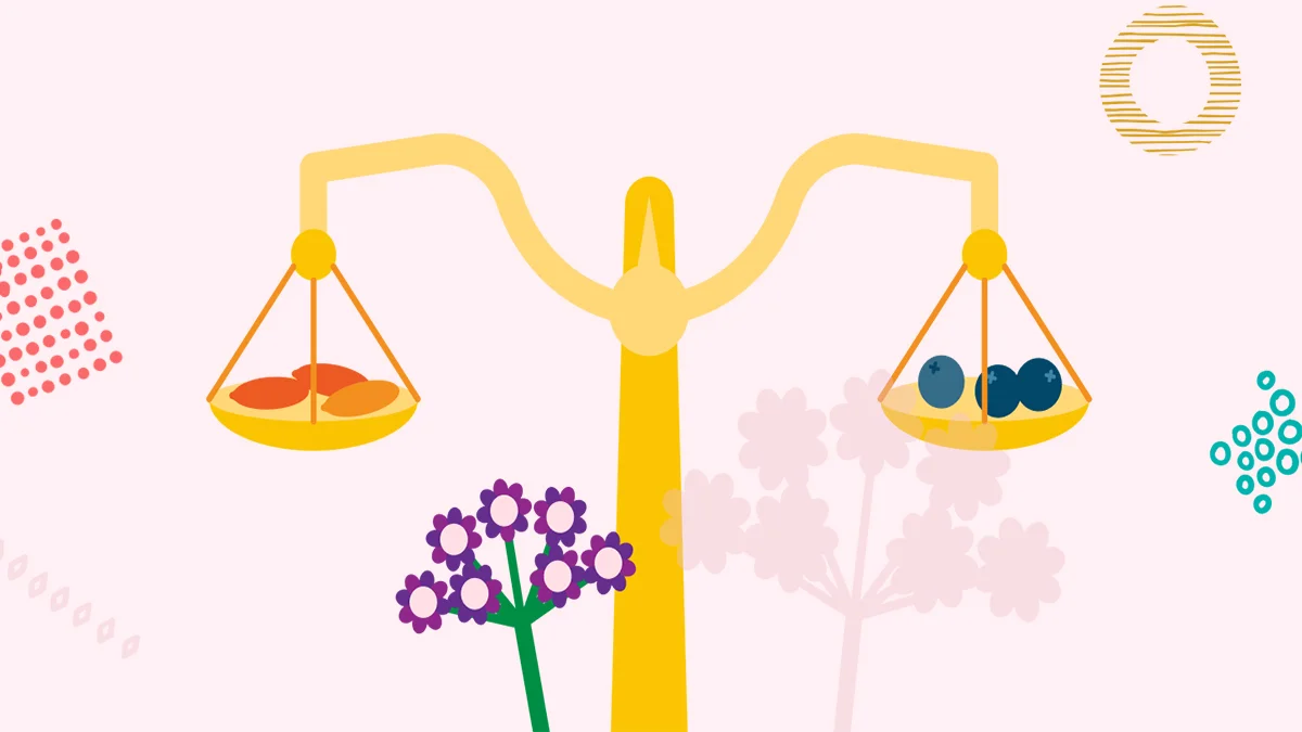 Illustration of natural fruits, scale and flower on pink background