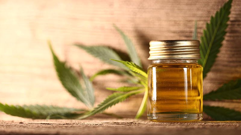 CBD oil extract in a bottle and hemp leaves