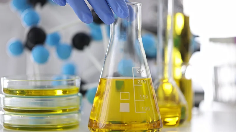 close-up image of a hand with rubber gloves holding a glass flask with CBD oil extracts in chemical laboratory