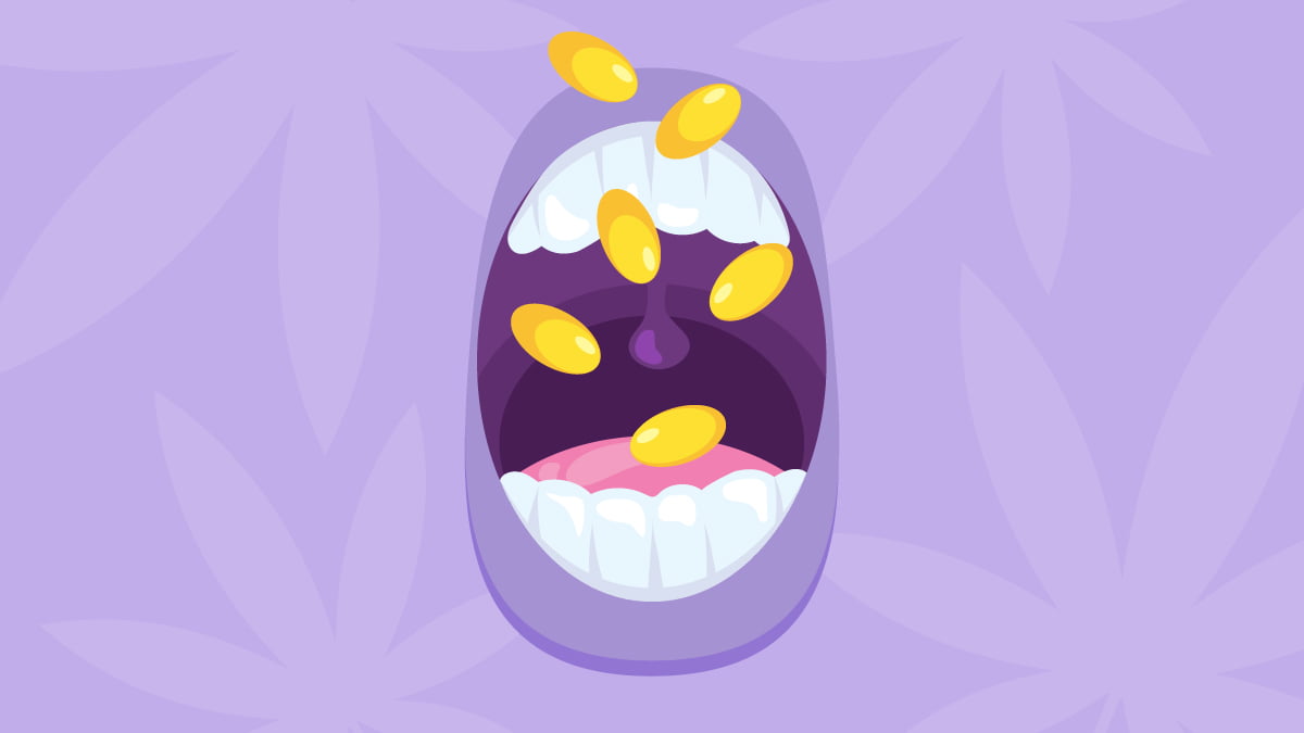 An illustration of a mouth taking CBD soft gel capsules