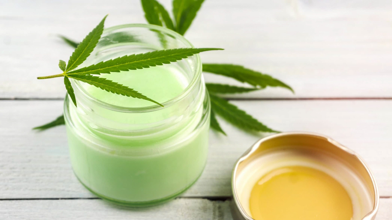 CBD Topical For Dogs on a Surface with Hemp Leaf on Top of the Bottle