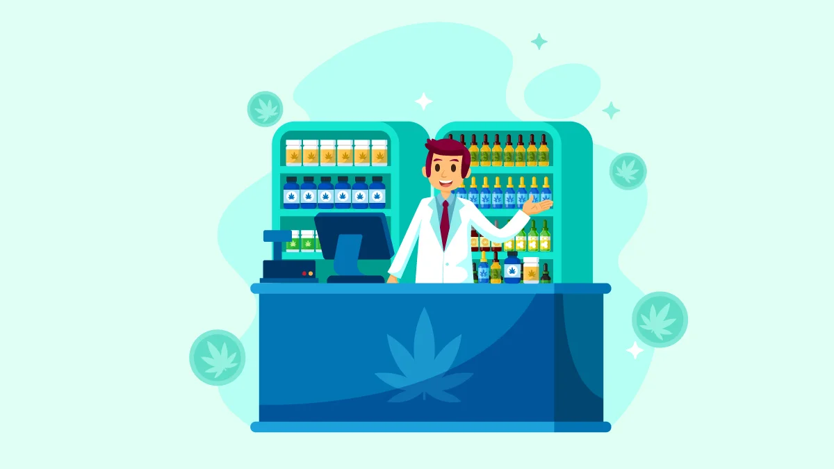 illustration of a man selling CBD products on a shop
