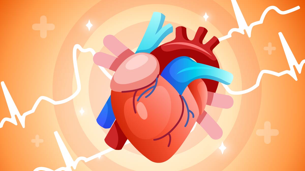 Illustration of Heart with irregular heartbeats in an orange background.