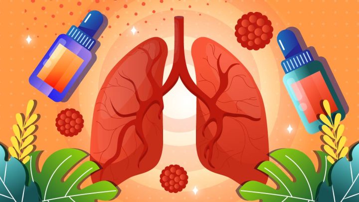Illustration of a Healthy pair of lungs surrounded by Cancer cells and CBD products.