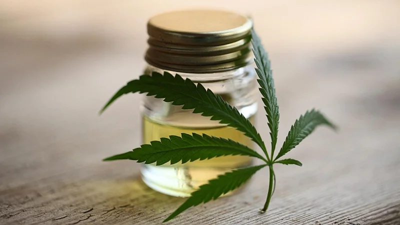 a bottle of CBD oil extract with a hemp leaf leaning on it