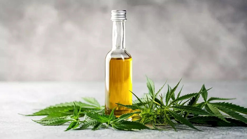 a bottle of Delta 8 extract surrounded with hemp leaves 