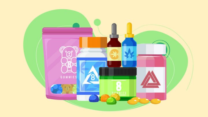 illustration of D8 THC products such as capsules, tinctures, gummies, oil and vape carts
