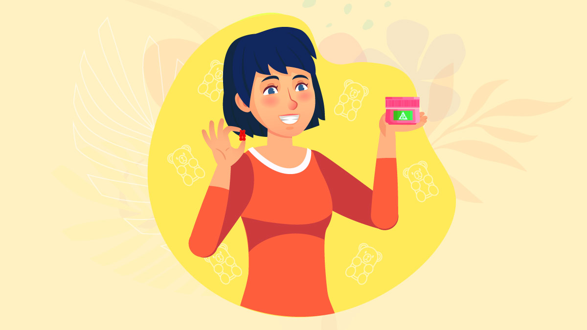 illustration of a woman holding delta 8 gummies