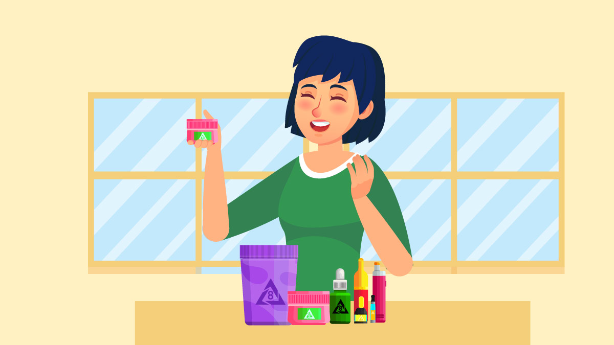 illustration of a woman selling Delta 8 products