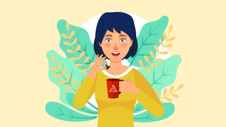 illustration of a woman putting D8 tincture on a cup using a dropper
