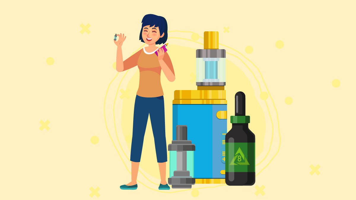 illustration of a big bottle of D8 THC and a vape cart with a woman