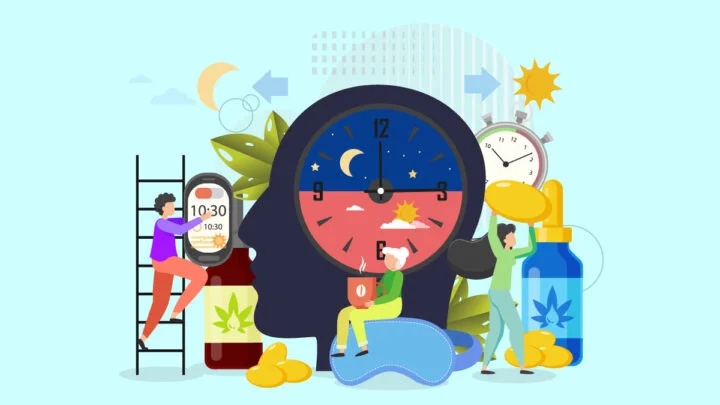 an illustration of a head silhouette with a clock showing day and night time and CBD oil, tincture and capsules and people working