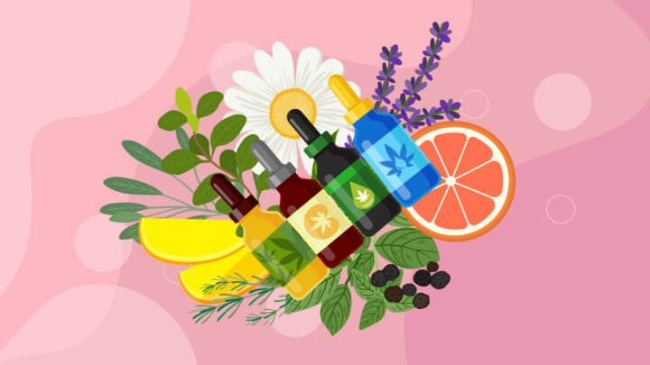 CBD oil in bottles with citrus fruits, flowers and plants