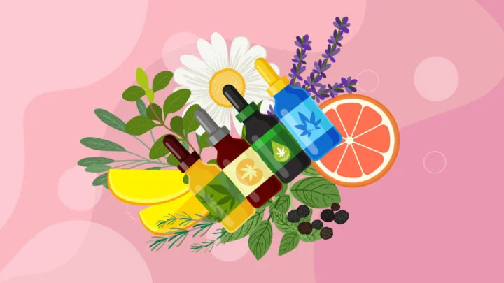 CBD oil in bottles with citrus fruits, flowers and plants