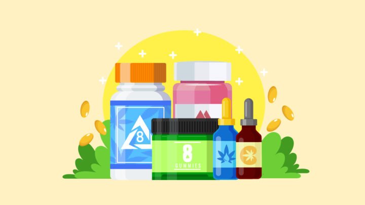 illustration of Delta 8 THC capsules, tinctures, and gummies