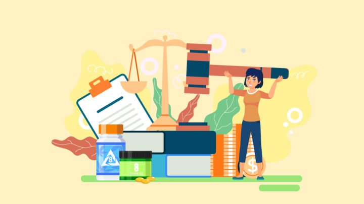 illustration of a woman holding a big gavel, Delta 8 THC products in bottles, large mallet, law weight scales and books