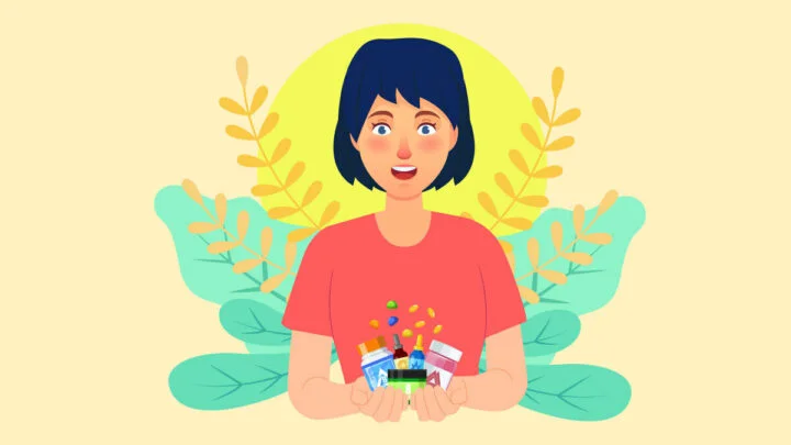 Illustration of a woman holding delta 8 products