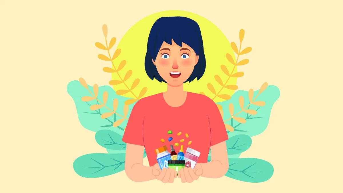 Illustration of a woman holding delta 8 products