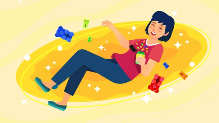 Illustration of a woman floating with delta 8 products