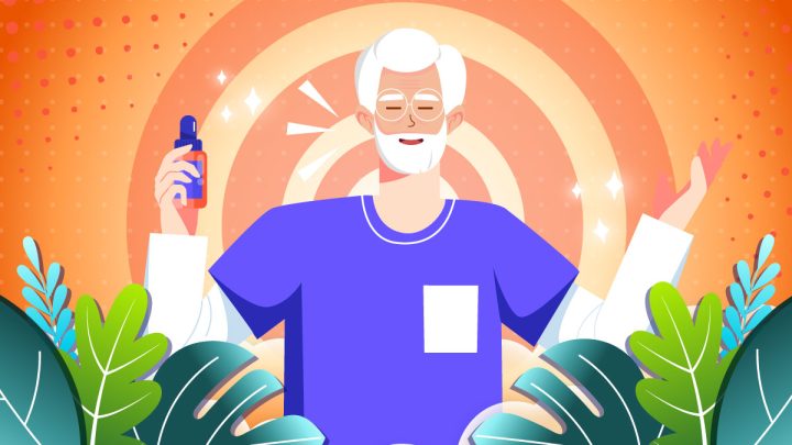 Illustration of an elderly person with a CBD oil bottle in his hand.
