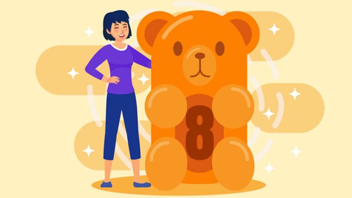 Illustration of a women and delta 8 gummies bear