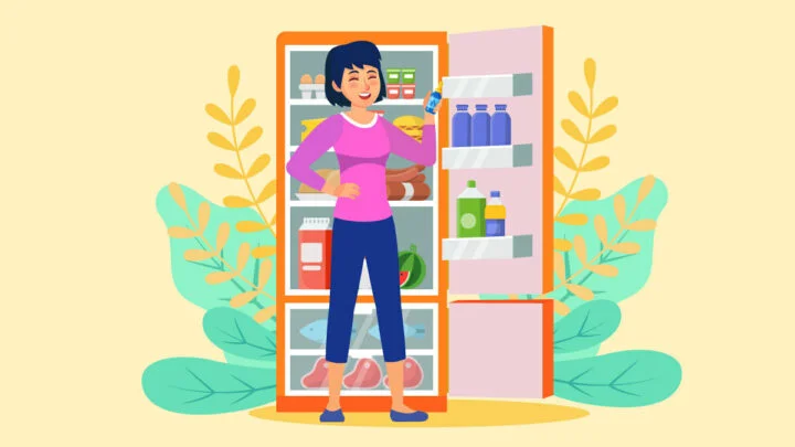 Illustration of a woman standing in front of a refrigerator
