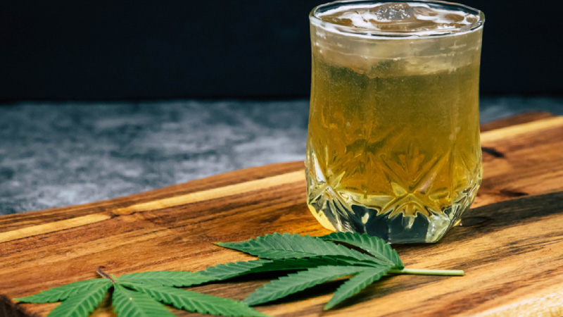 Glass of Whisky and Hemp Leaves in a Wooden Board