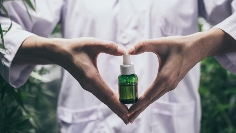 Researcher Holding CBD Oil In Heart Form Hand