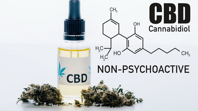 CBD Oil Bottle with CBD Chemical Structure and Hemp Buds