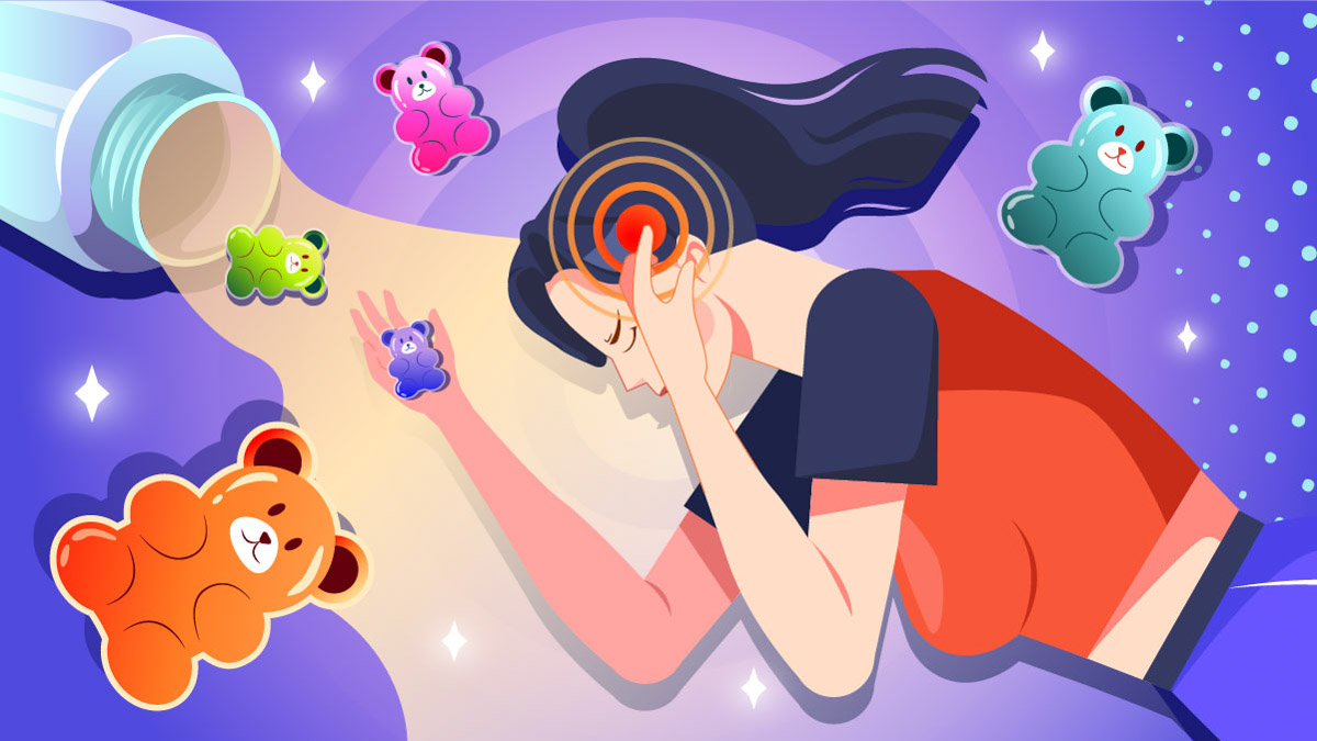 Illustration of a women having anxiety with CBD gummies surrounded