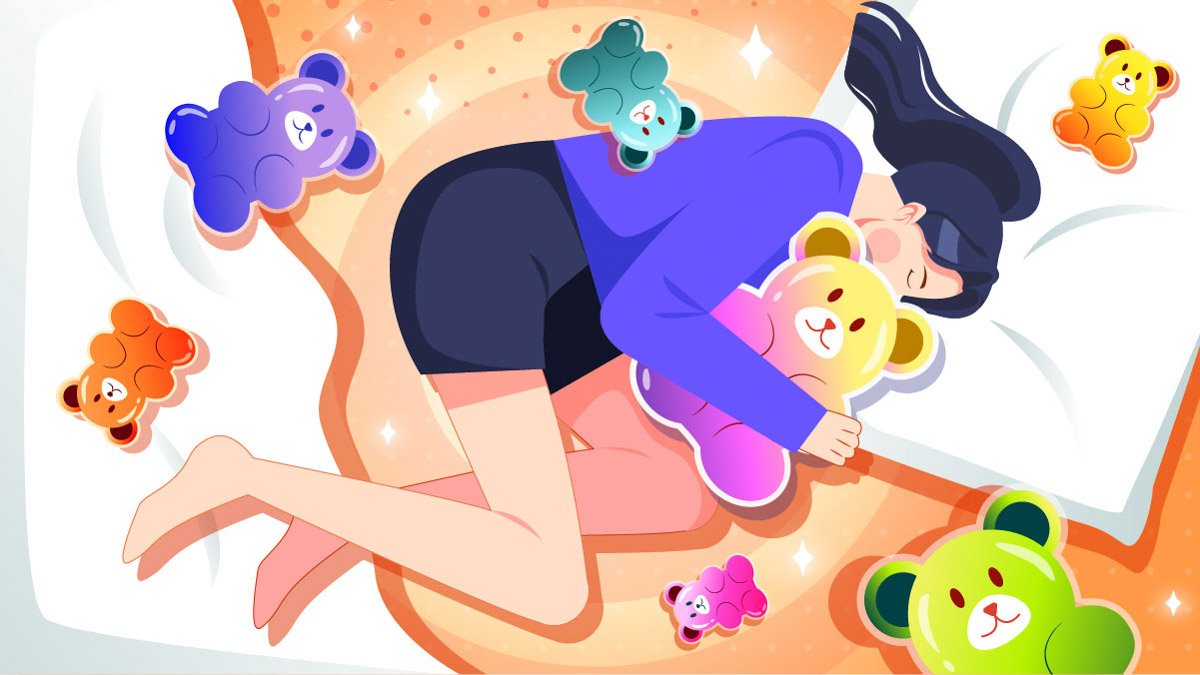 Illustration of a women holding a a CBD gummies bear while sleeping