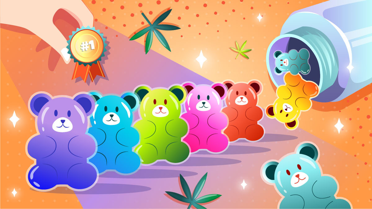 Illustration of colorful CBD gummies bear