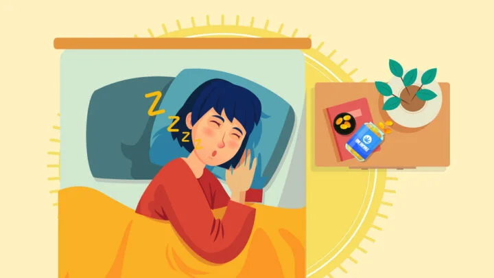 illustration of a woman sleeping in bed with CBD capsules on the side table