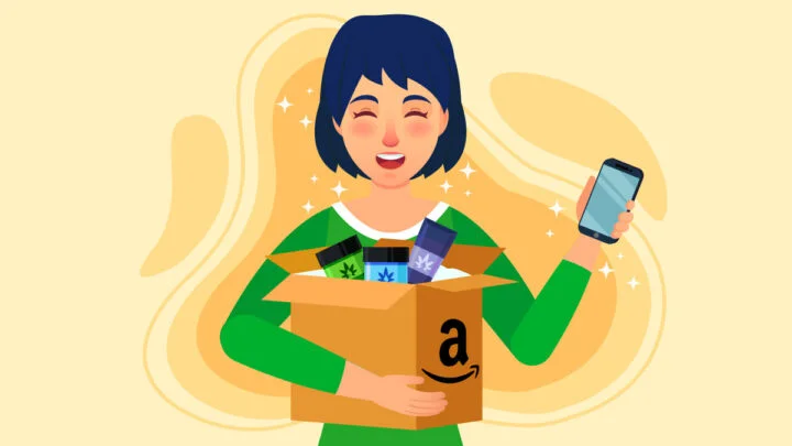 illustration of a woman holding an Amazon box with CBD topical products insde