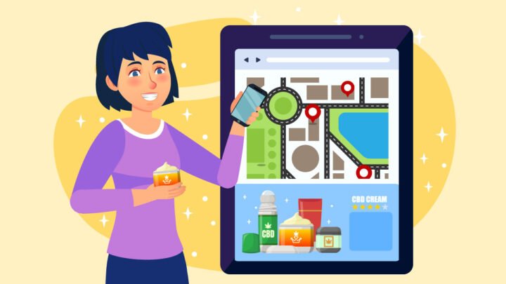 illustration of a woman holding CBD creams and a phone showing a map of best hemp topical shops
