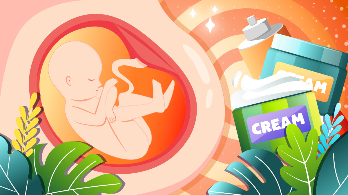 Illustration of a baby inside a pregnant mother's tummy with CBD cream on the side