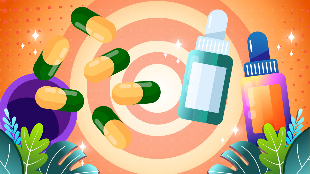 Illustration of CBD oil bottles and Tramadol capsules