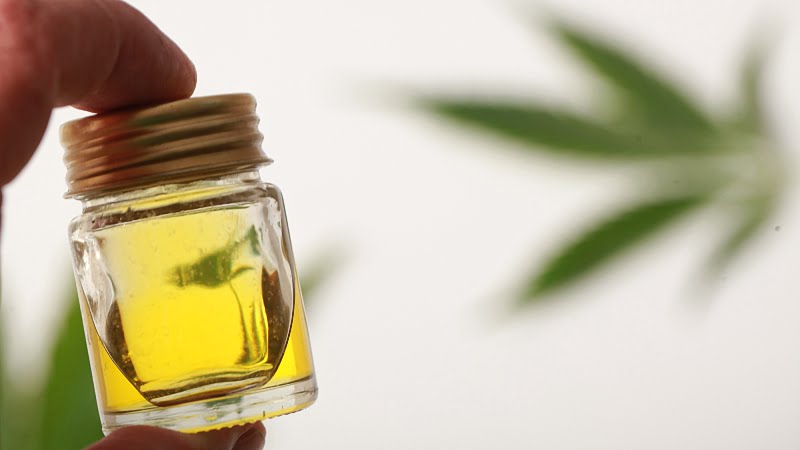 close-up image of a man's hand holding a bottle fo CBD extract with a blurry hemp leaf background