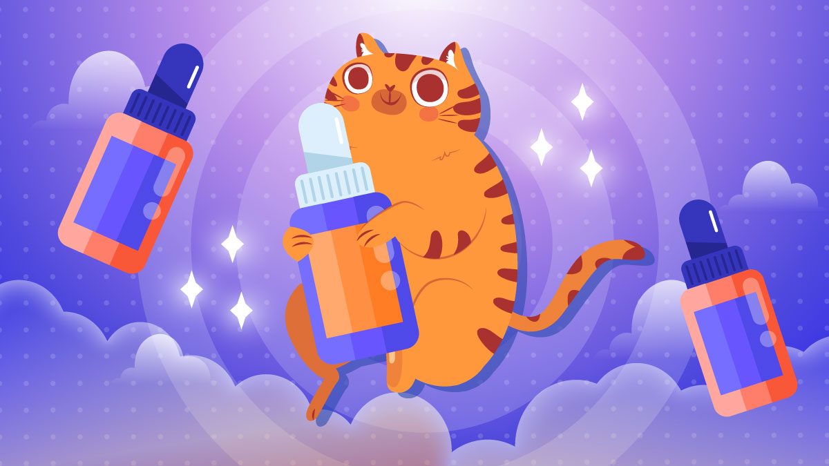 Illustration of a Cat hugging a bottle of Hemp Oil.